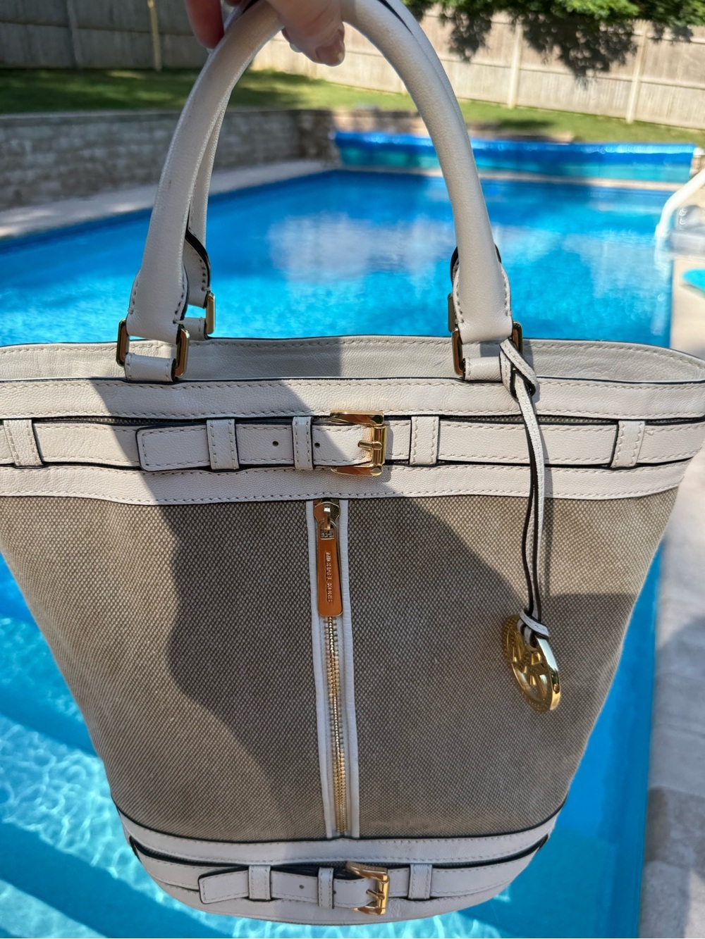 Michael Kors Kingsbury Bucket Tote Bag,white leather trim, gold-tone hardware